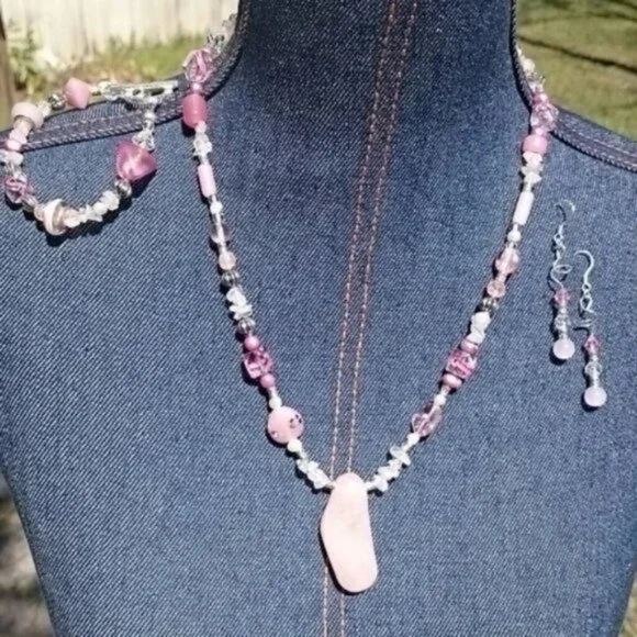 Hand Crafted Genuine Rose Quartz Freshwater Pearls Necklace Earring Set Boho - Picture 2 of 7